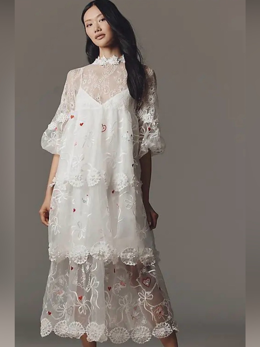 Anthropologie (Maeve) White Sheer Embroidered Midi Dress with Red Heart Accents